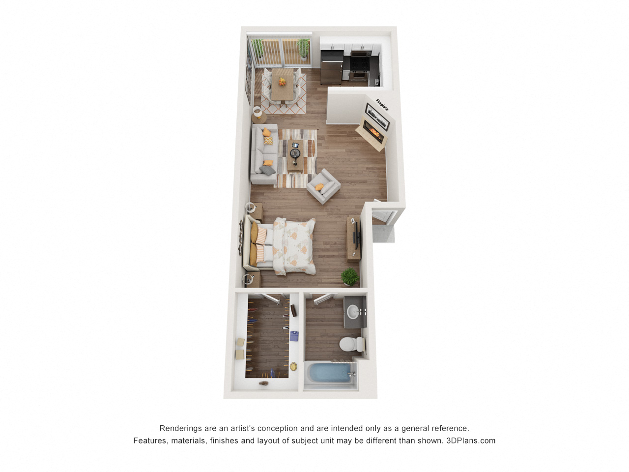 Floor plan for studio, 1 bath, 528 sqft